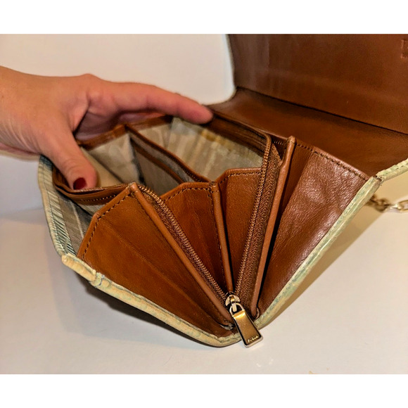 FURLA Light Green Genuine Leather Long Wallet Purse Used aftermarket chain incl - Picture 12 of 16